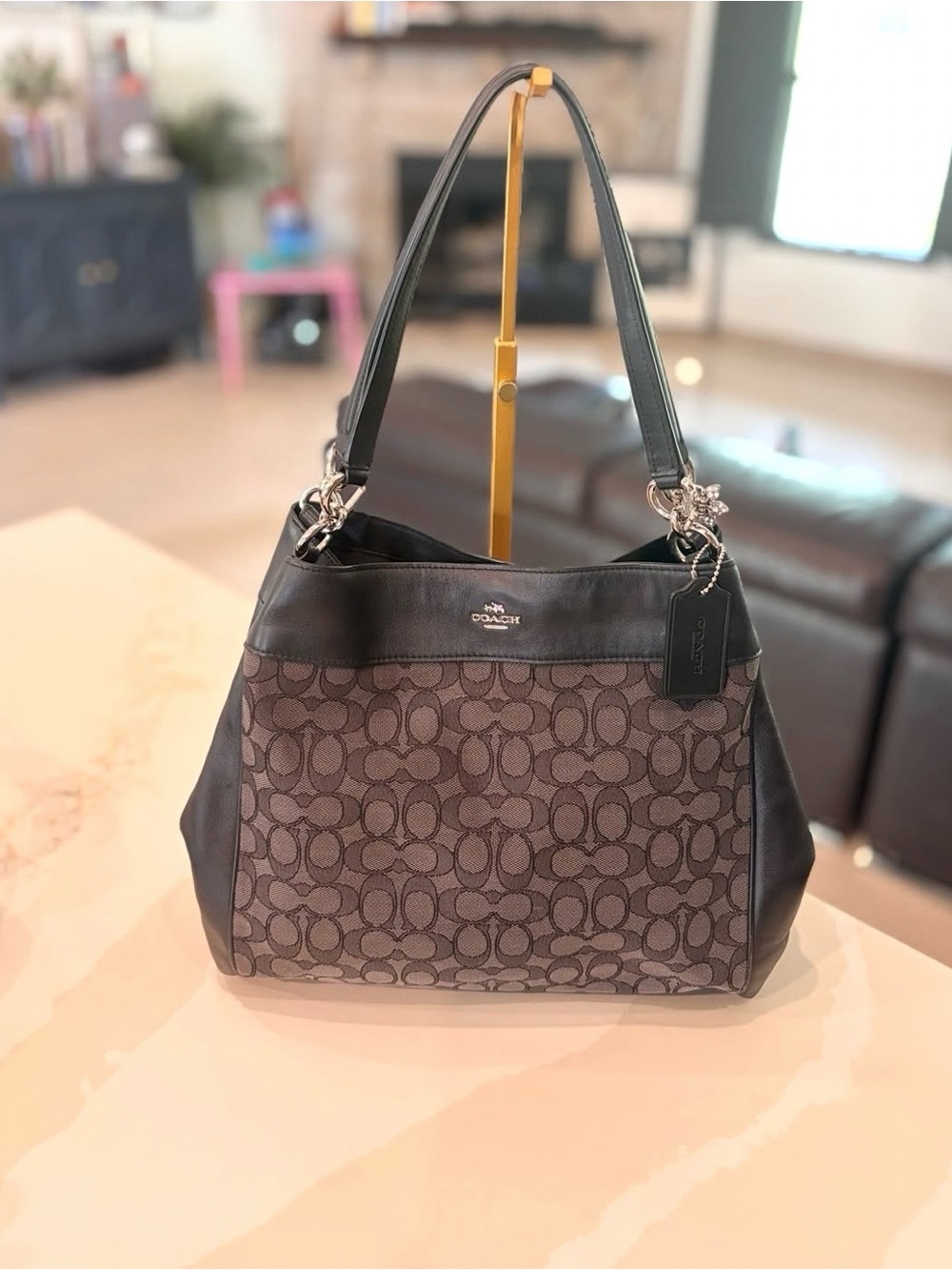 Coach Brown and Black Signature Shoulder Bag